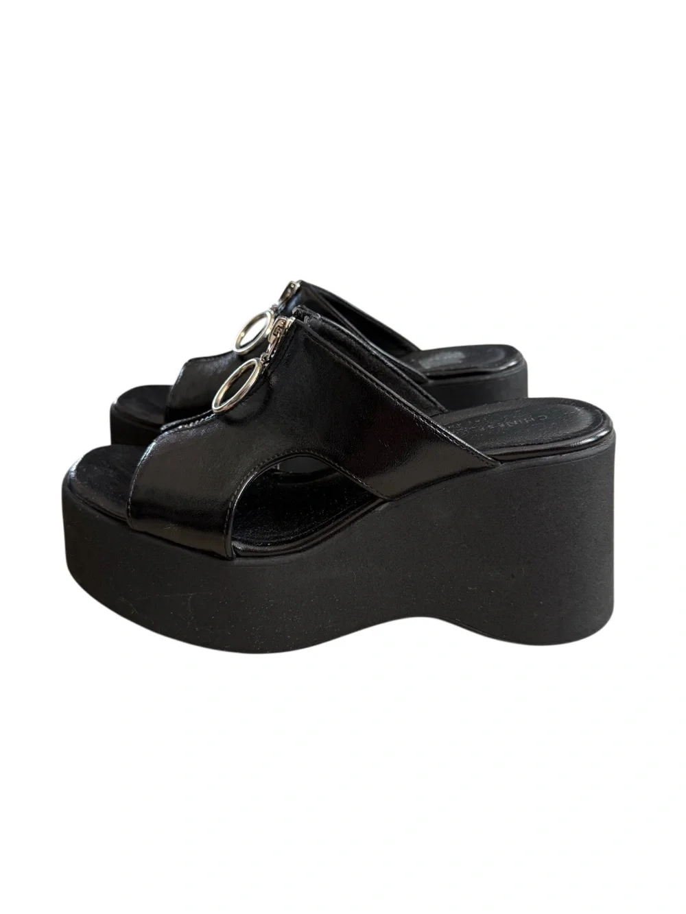 Y2K Chinese Laundry Black Platform Slide Wedges with Front Zip Accent Size 6
